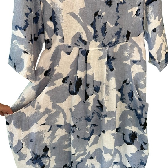 WoolOvers Womens Linen Tunic Dress Blue White Lagenlook Print Pockets Size 10 - Picture 6 of 12